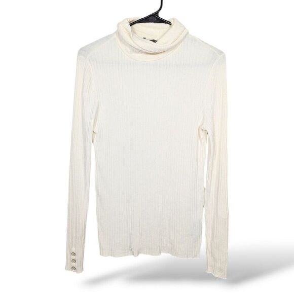 J.‎ McLaughlin Sweater Top Knit M Turtleneck Cream Pull On Ribbed Cuff Buttons - Picture 1 of 6